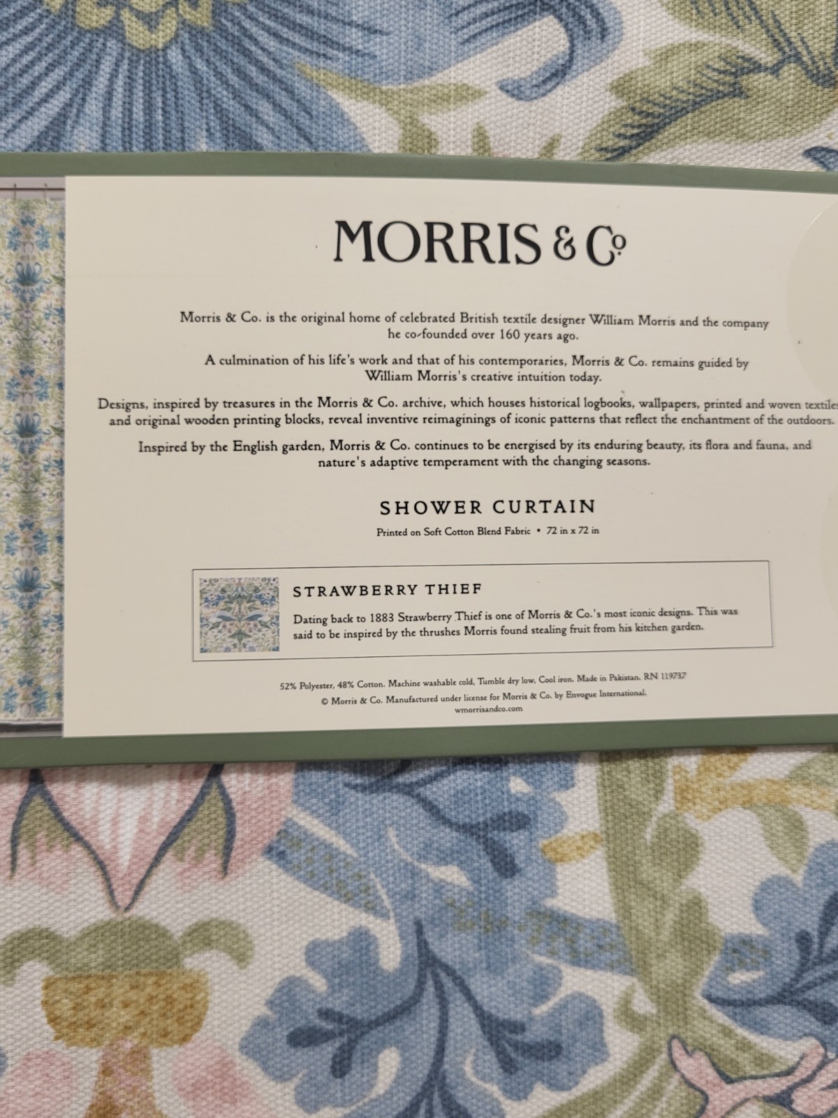 William Morris & Co STRAWBERRY THIEF Shower Curtain Green Blue Pink Summer NEW gallery