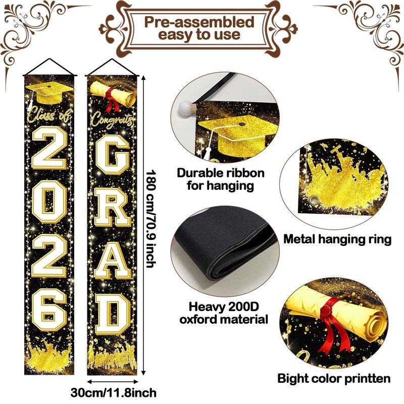 Black Gold Graduation Decorations Class of 2026 Congrats GRAD Porch Sign Bann... gallery