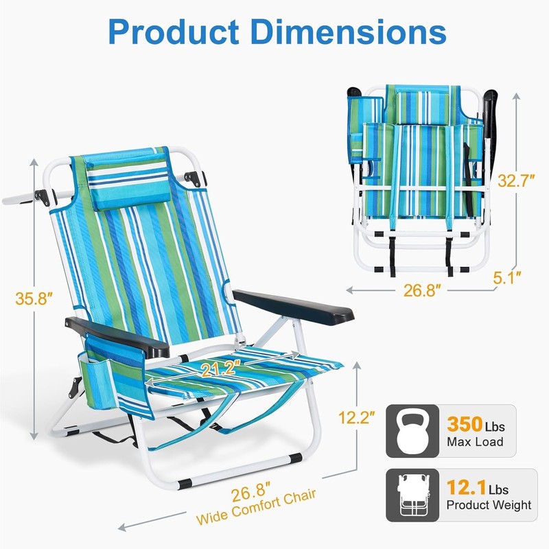 NAIZEA Beach Chairs Backpack 5-Position Tanning Chair with Cooler Bag Cup Holder gallery