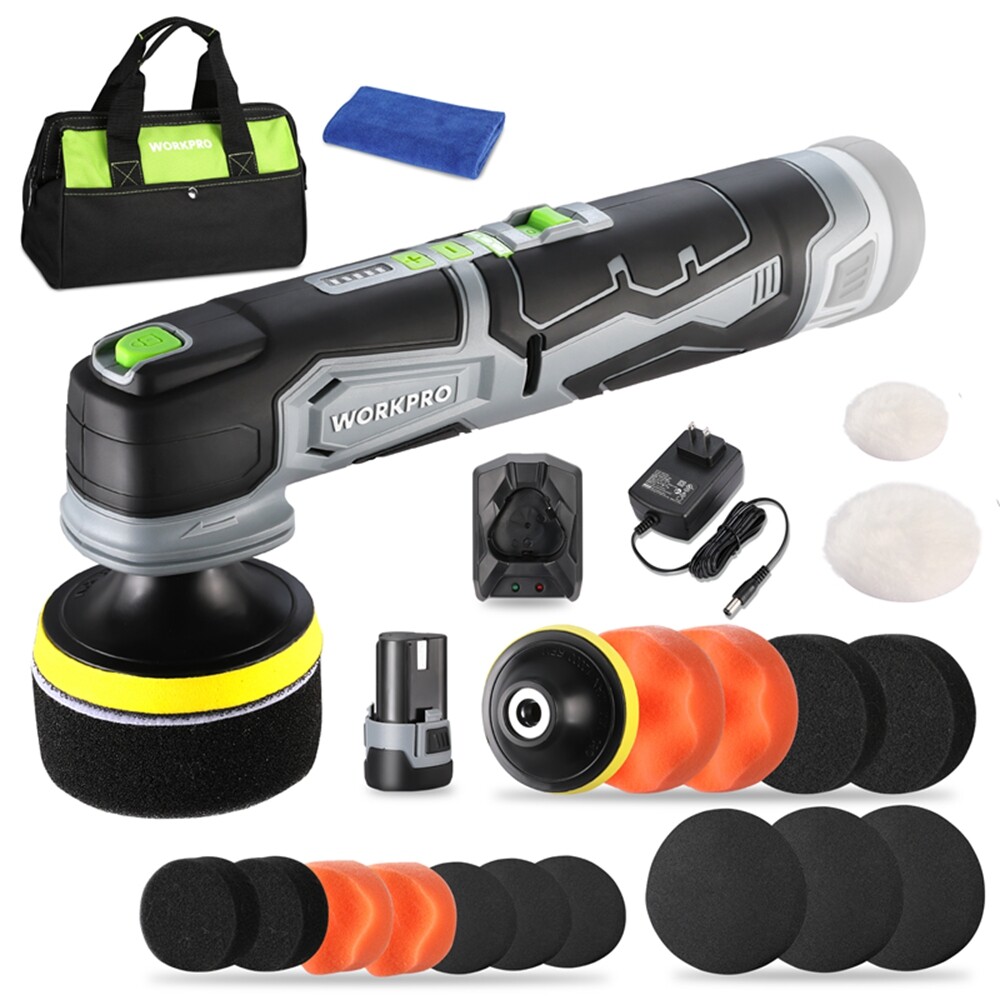 WORKPRO 12V Cordless Mini Buffer Polisher Kit 600-3000RPM 5 Variable Speed w/Bag