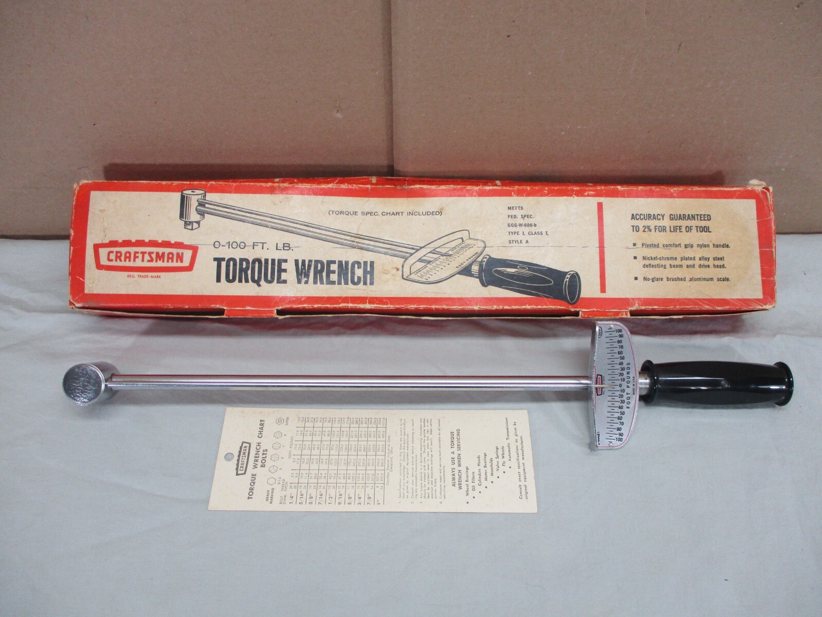 Vtg Craftsman Torque Wrench Model 9-44481 0-100 FT/LB 1/2" Drive 0-100 ft/lb gallery