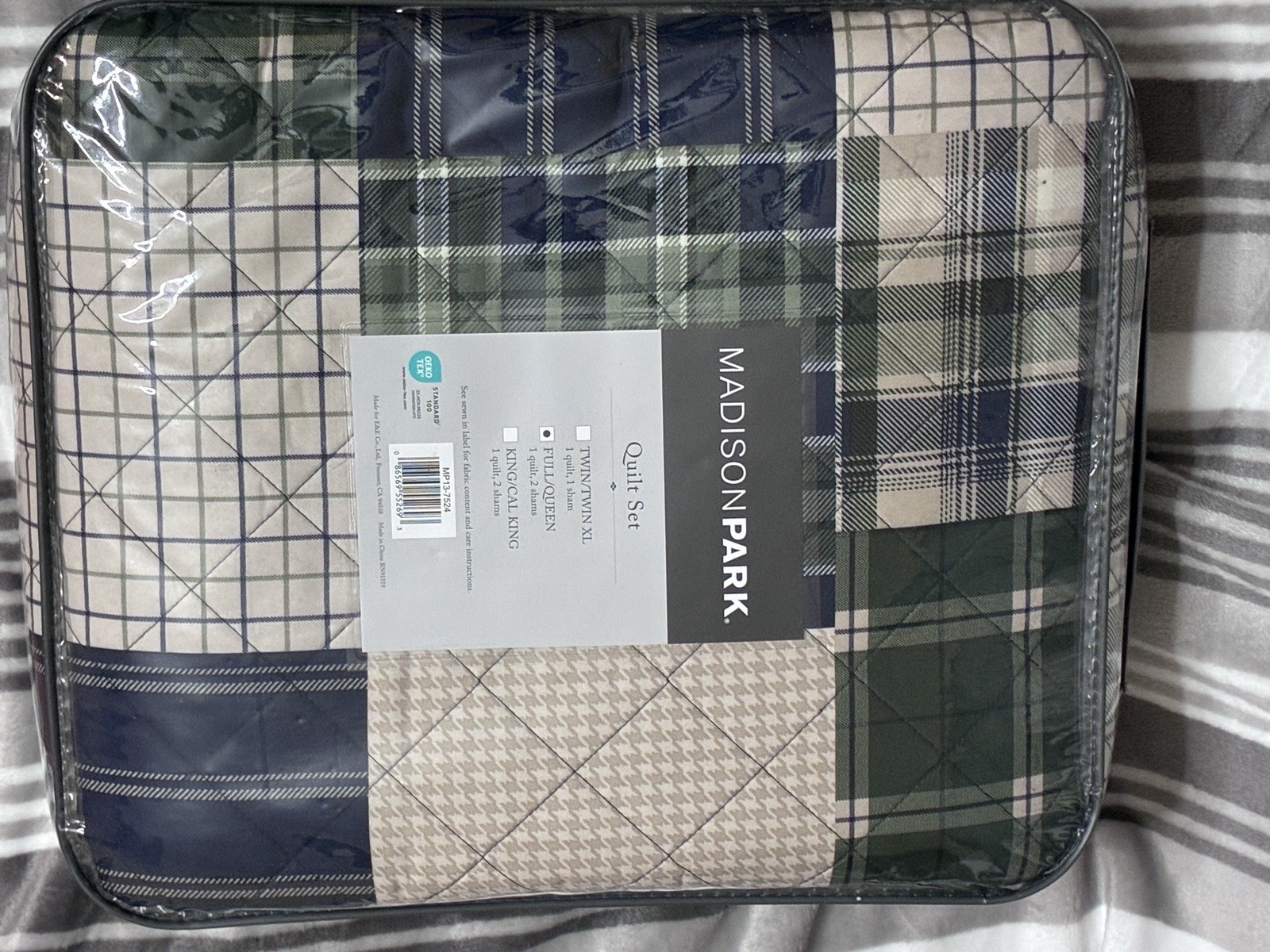 Madison Park Full/Queen Quilt Set Green Blue Beige White Cotton Plaid Patchwork gallery