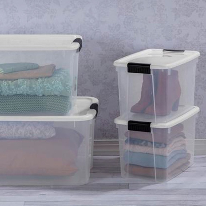 Sterilite 30 Qt Clear Plastic Stackable Storage Bin w/ Latch Lid, White (6 Pack) gallery