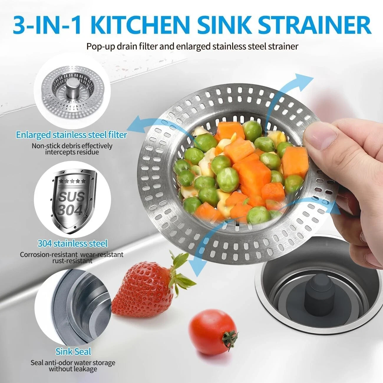 3 in 1 Kitchen Sink Drain Strainer Stainless Steel Sink Stopper Standard 3-1/2" gallery