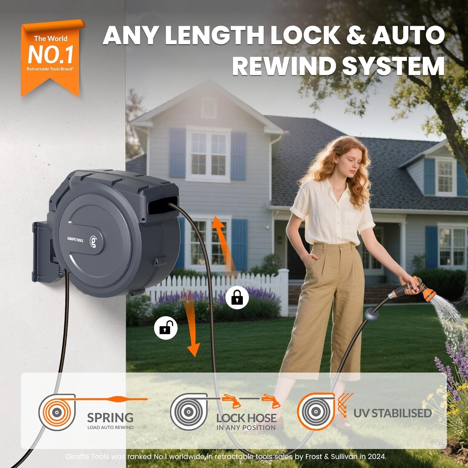 Giraffe Tools Retractable Garden Hose Reel 5/8in 60-115ft Water Hose Wall Mount gallery