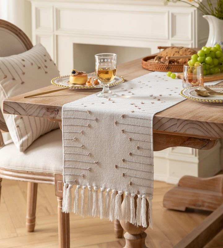 Boho Table Runner 13x48" Natural Cotton Woven Tassels Home Dining Decor Farmhous gallery