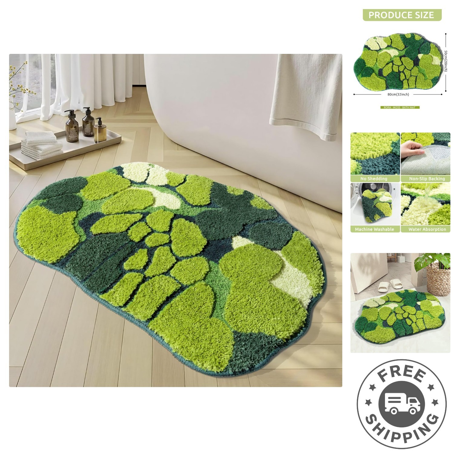 Moss Green Microfiber Bath Mat - Non-Slip Absorbent 3D Leaf Design - 32x20 gallery