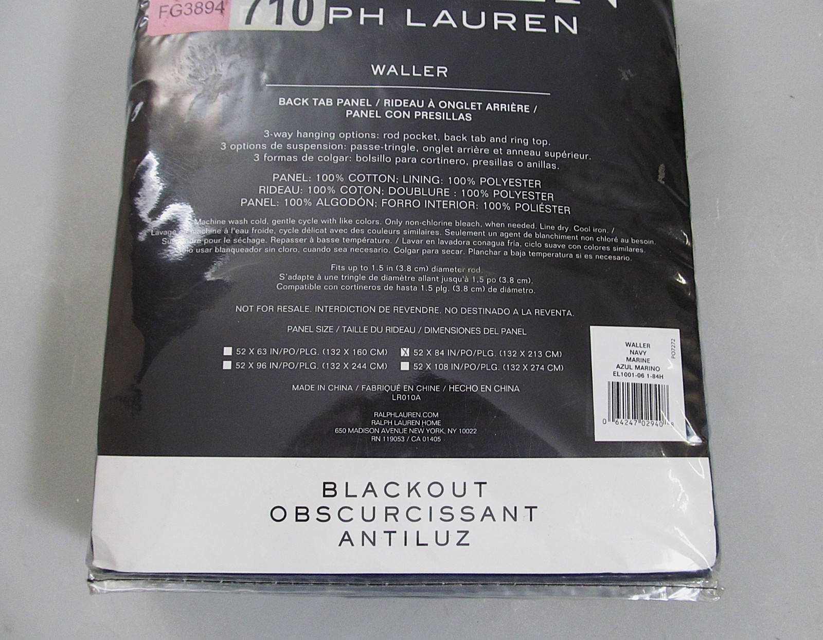 Lauren Ralph Waller Blackout Back Tab/Rod Pocket Navy Curtain Panel 52x84 in New gallery