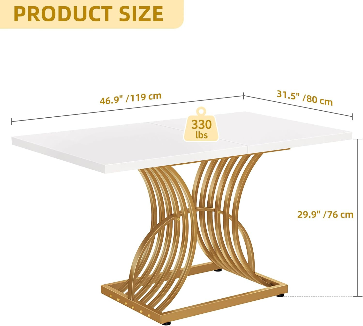 Stylish 47" Rectangular Dining Table for 4 with White Top & Gold Legs gallery