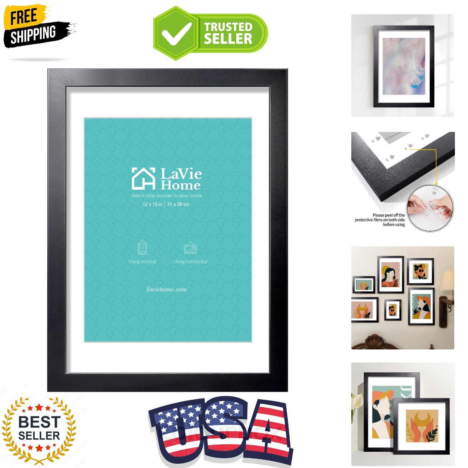 12x15 Picture Frame Black Poster Frame, Display Pictures 8.5x11 with Mat or 1... gallery