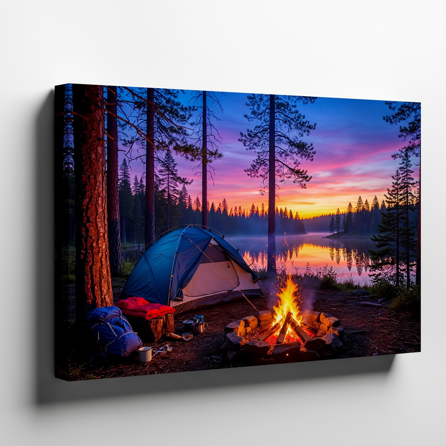 Camping scene canvas wall art with campfire lake sunset pine trees nature print gallery