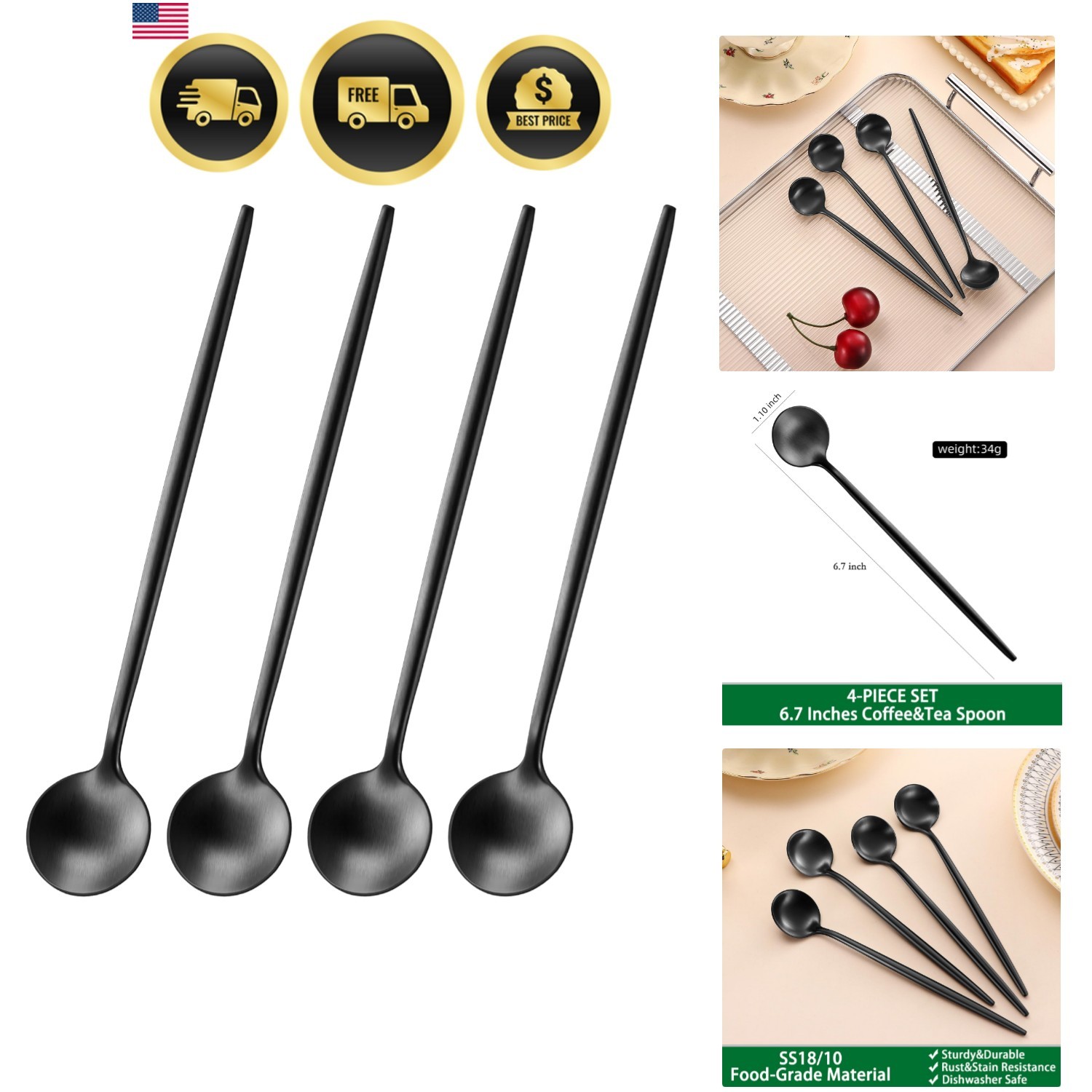4 PCS 6.7 Inches Satin Black Stainless Steel 18/10 Coffee Spoons,Iced Tea Spo... gallery