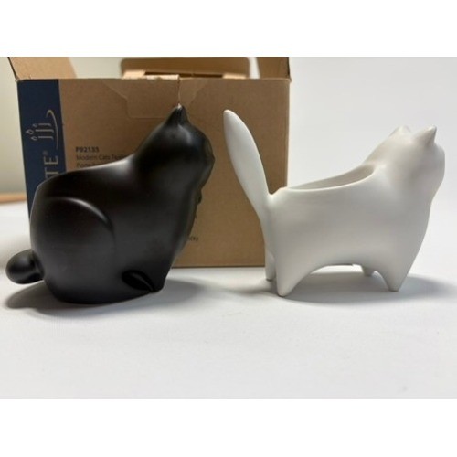 PartyLite Modern Cat Tealight Holders Set of 2 Black White Ceramic w Box rare gallery