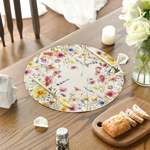 Daisy Lavender Floral Leaves Spring Round Placemats Set 14", Round 4 Pcs Beige gallery