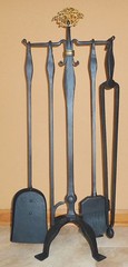 RARE VINTAGE HAND FORGED BLACK SOLID WROUGHT IRON STEEL FIREPLACE TOOL SET