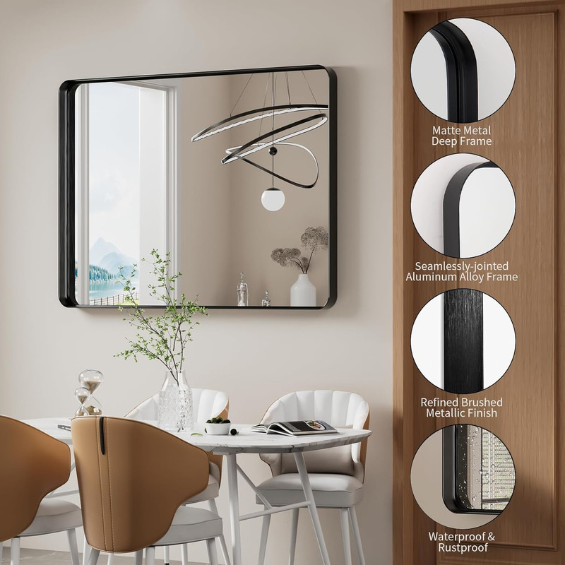 Matte Black 30x48 Inch Rounded Rectangle Wall Mirror for Bathroom & Living Room gallery
