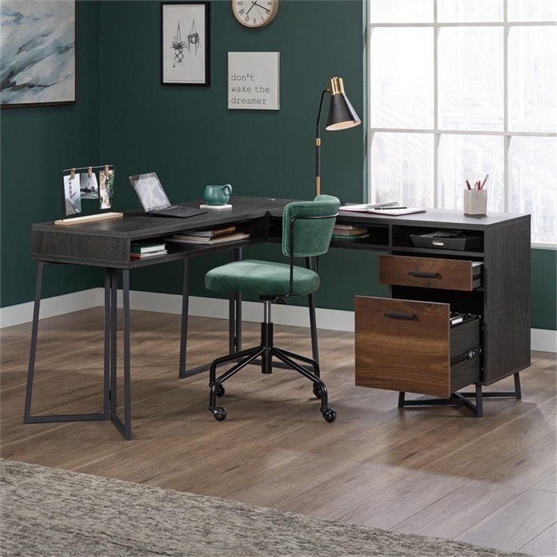 Pemberly Row Contemporary Engineered Wood and Metal L-Desk in Brew Oak gallery