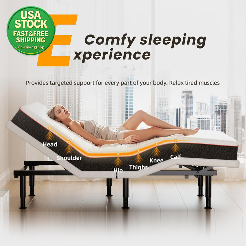 Electric Queen Adjustable Bed Frame Wireless Remote Head Foot Incline USB Light gallery