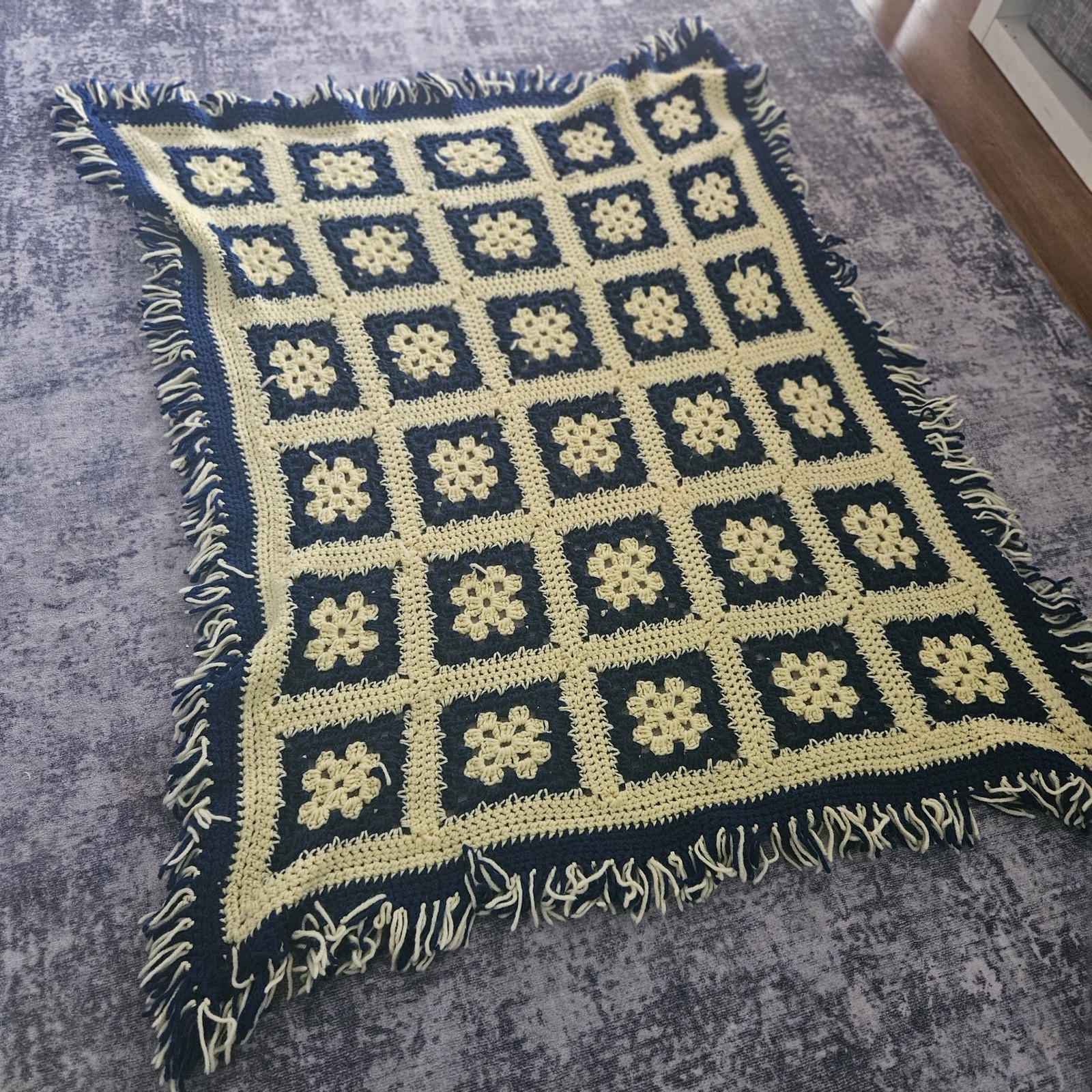 Hand Crochet Afghan Throw Blanket Yellow & Blue 41x 51” Fringe Square gallery