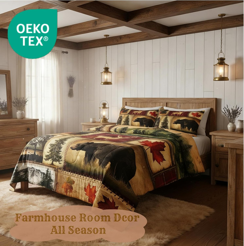 Rustic Farmhouse Bedding Comforter Sets King Size, Retro Cabin Lodge Bedding Set gallery