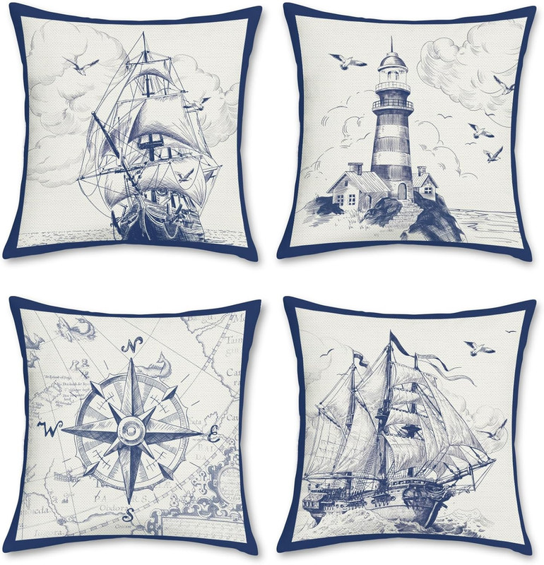Nautical Sailing Throw Pillow Covers 18 x 18 Inch Set of 4 Sailboat Compass Ligh gallery