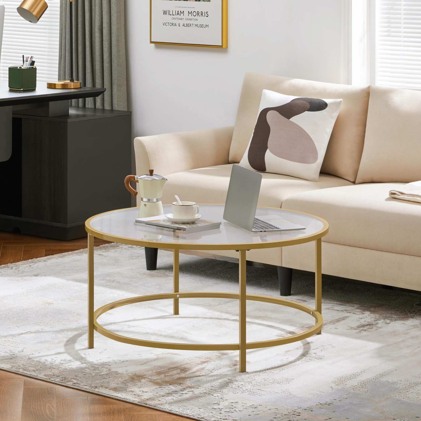 Gold Glass Coffee Table for Living Room, 36" Round Coffee Table with Metal Frame gallery