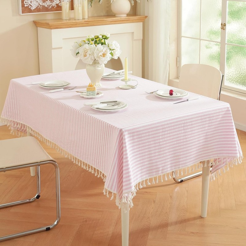 Striped Square Tablecloth, Cotton Blend Fabric Pink Table Cloth with Tassel, gallery