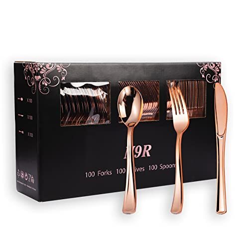 N9R 300PCS Rose Gold Plastic Silverware Heavy Duty Plastic Cutlery Set Dispos... gallery