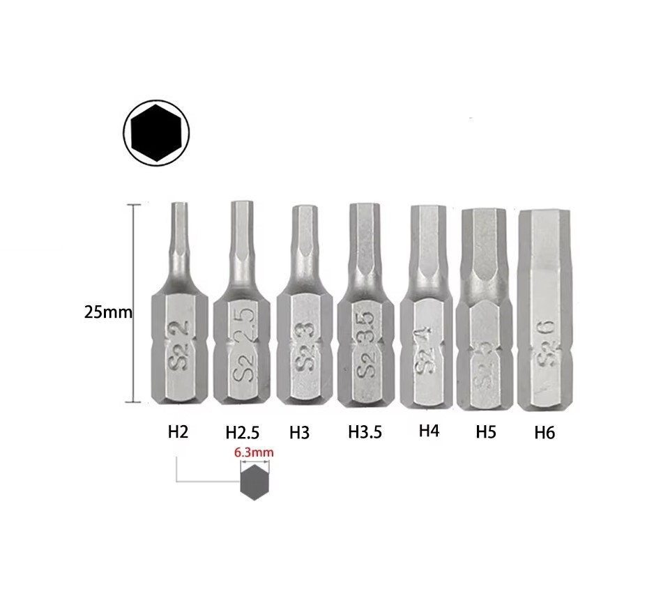 5pc-pack S2 Steel 1/4" (6mm) Shank Hex Allen Bits 25mmL H1.5,2,2.5-H6mm Option gallery
