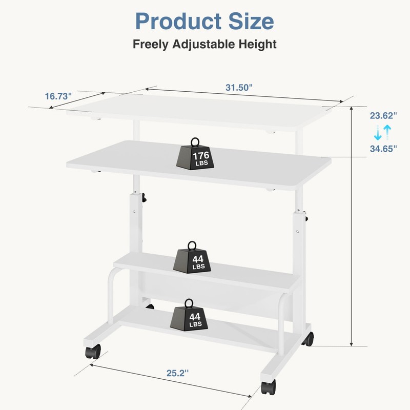 31.5'' Adjustable Height Rolling Computer Desk with Storage Shelves gallery