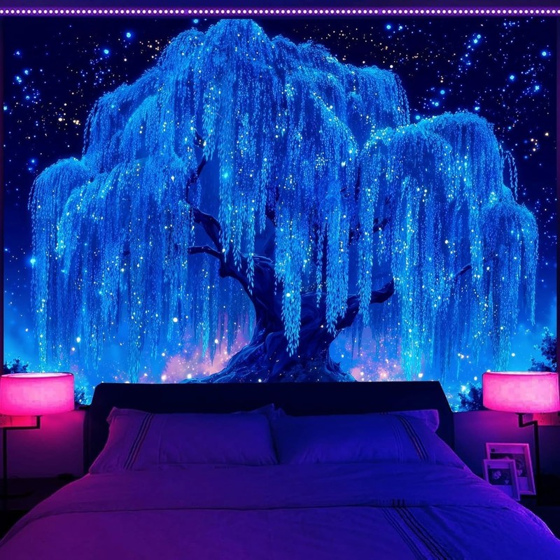 Blacklight Starry Night Tree Tapestry, UV Reactive Neon Willow Tree of Life Wall gallery