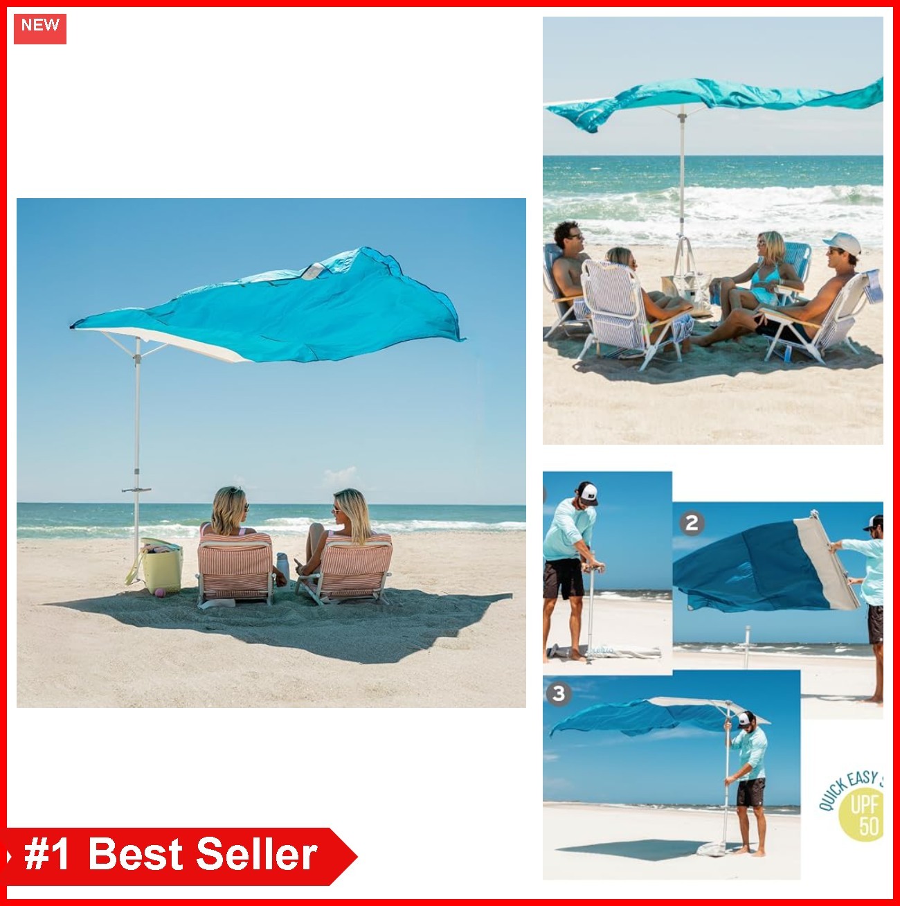 Beach Umbrella Windproof UPF 50+ 96 Inch Square Shade Quick Setup gallery