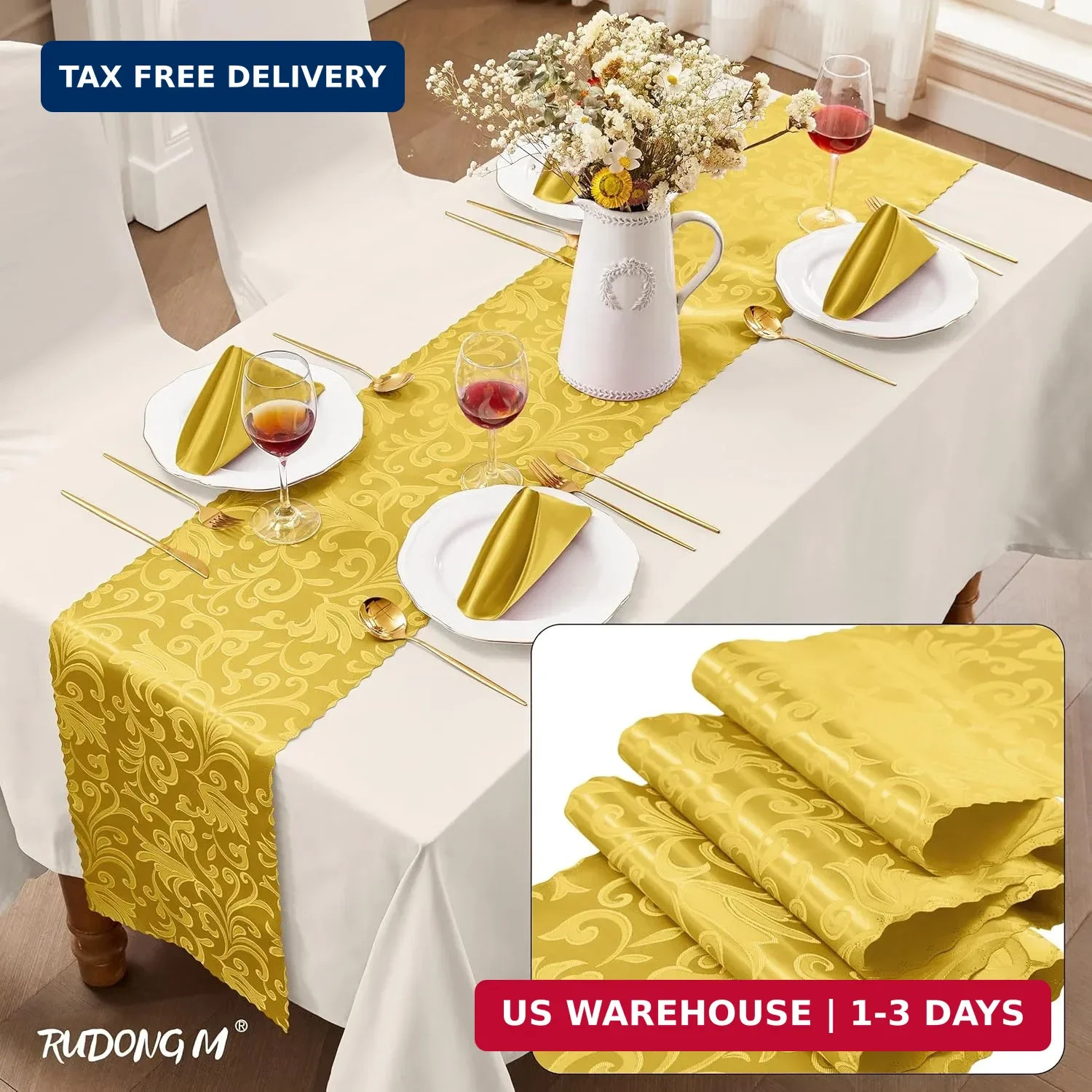 RUDONG M 2 Pack Gold Satin Table Runners 12 x 108 Inch, Long Silky Damask Table gallery