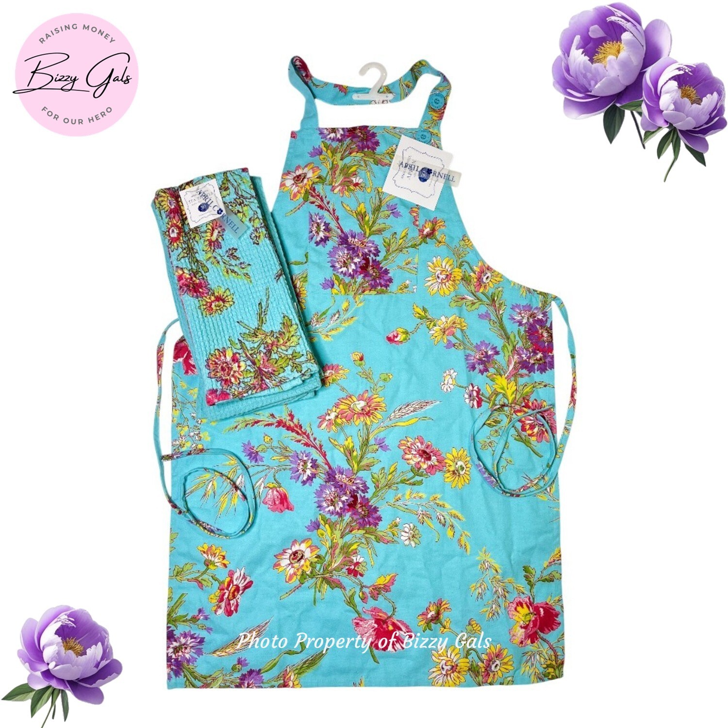 April Cornell APRON & DISH/TEA TOWELS Blue Turquoise Pink Purple Flowers NWT gallery