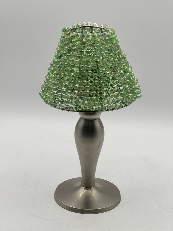 Tealight Lamp Silver Tone Candlestick With Green Glass Beaded Shade 10” OA gallery