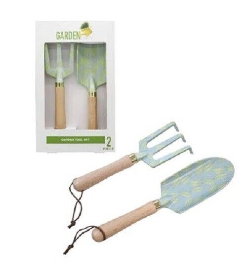 Garden Party Garden Tool Set Trowel Fork Wood Handle Blue Green Leaf Design 2pc gallery