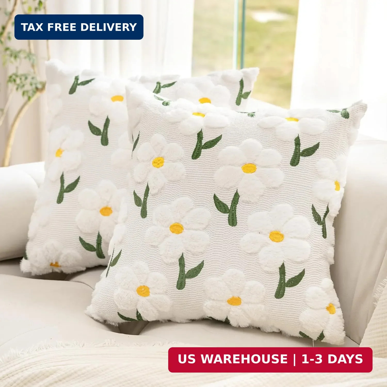 Spring Summer Pillow Covers 18x18 inch Set of 2, White Daisy Floral Sunflower Pi gallery