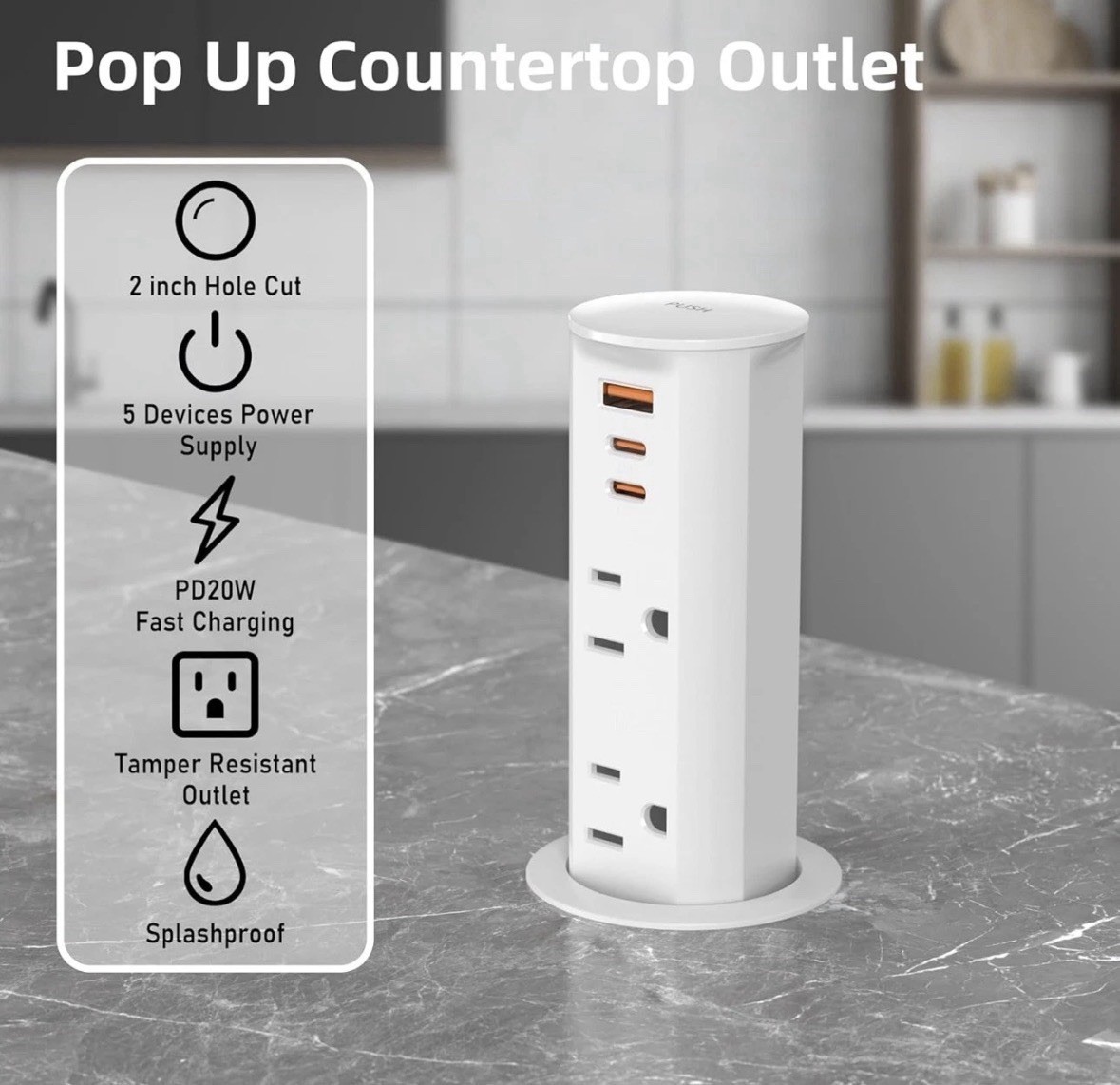 ANNQUAN 2 Inch Space Saver Pop up Outlet for Countertop with PD20W USB Ports,2 O gallery