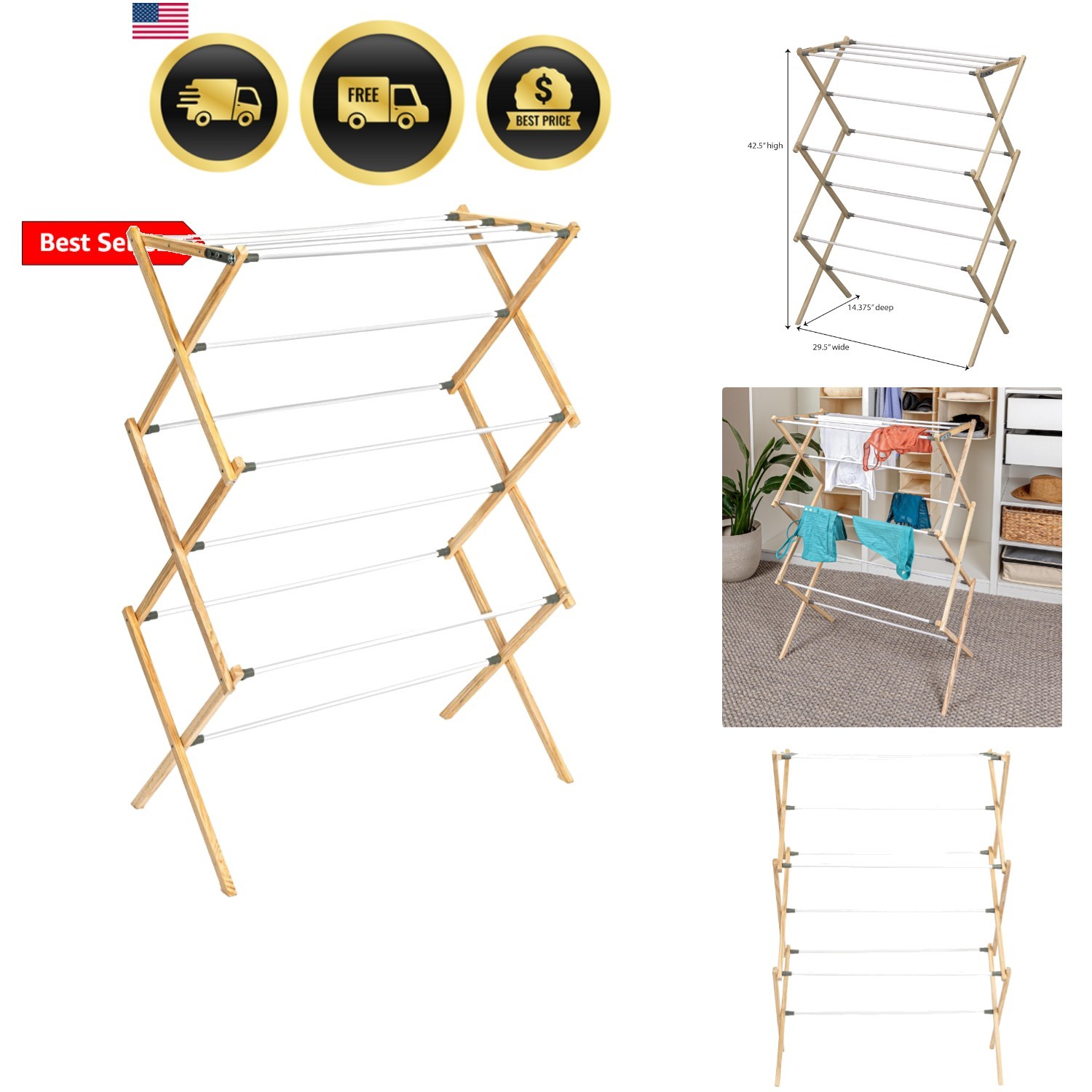 X-Frame Clothes Drying Rack, Stabile Wood Frame with Slanted Feet, Smooth Vin... gallery