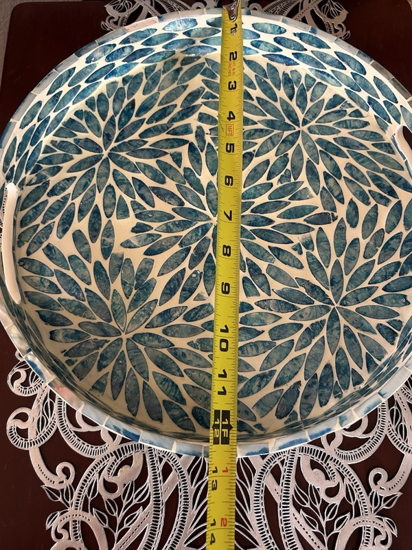 Blue Capiz Shell Mosaic Serving Tray Round Decorative Coastal Beach House 12” gallery