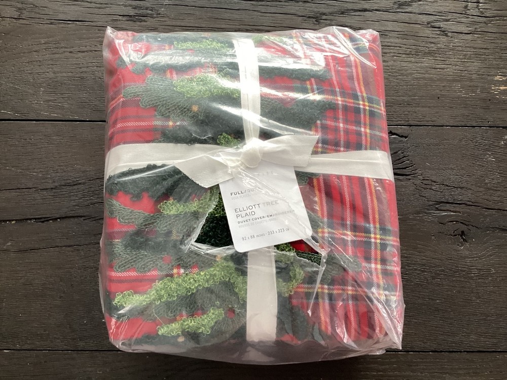 NWT POTTERY BARN ELLIOTT TREE PLAID EMBROIDERED FULL/QUEEN DUVET COVER 92" x 88"