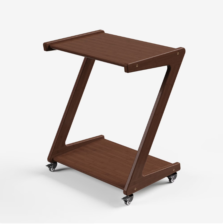 Bamboo Z-Shape End Table with Casters, 2-Tier Side Table Walnut