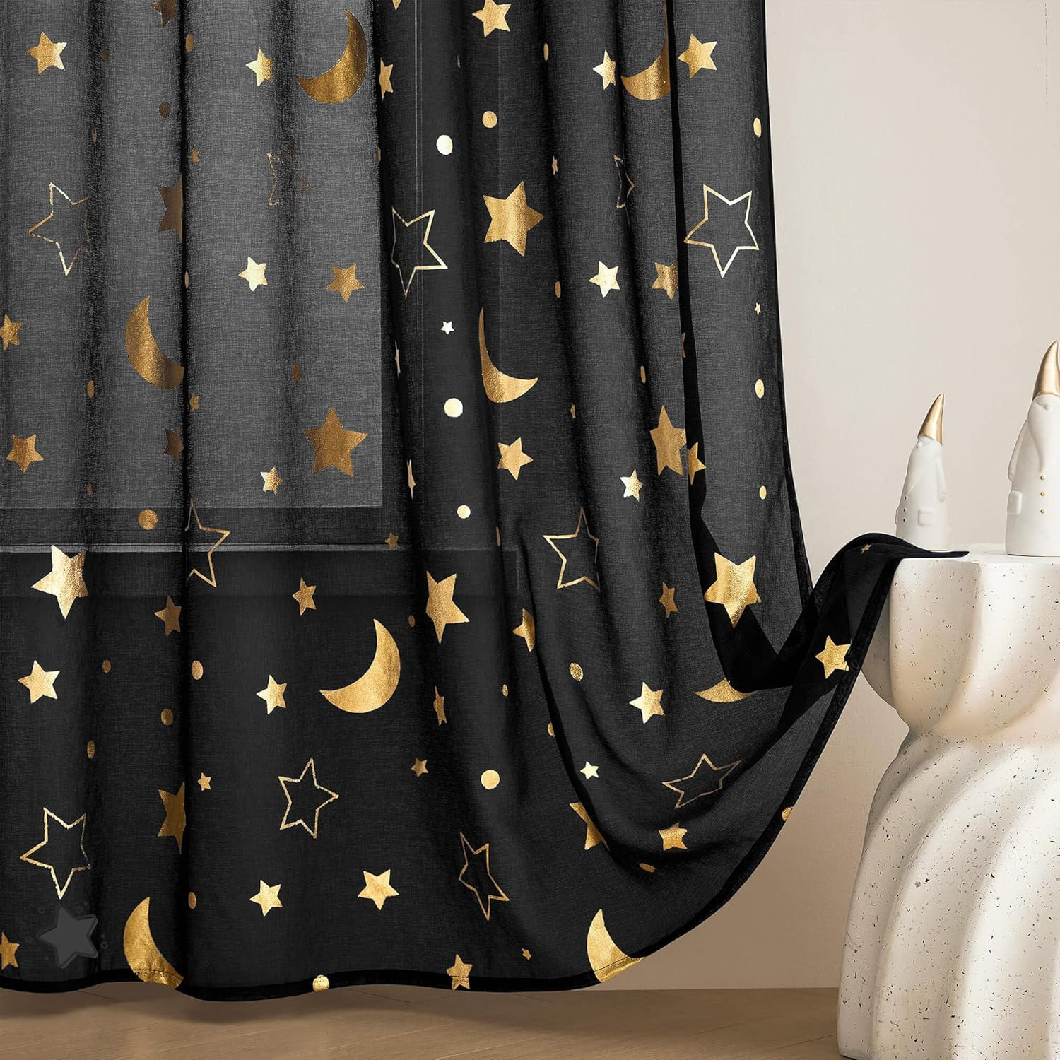 Gothic Sheer Star Curtains for Living Room Kids Room 63 Inch Length，Gold Moon an gallery