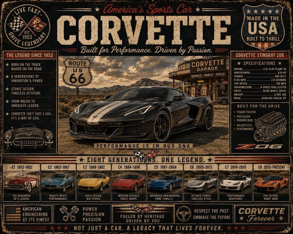 Corvette Evolution Wall Art 8.5x11 Print C1 C8 Stingray Z06 Sports Car Decor