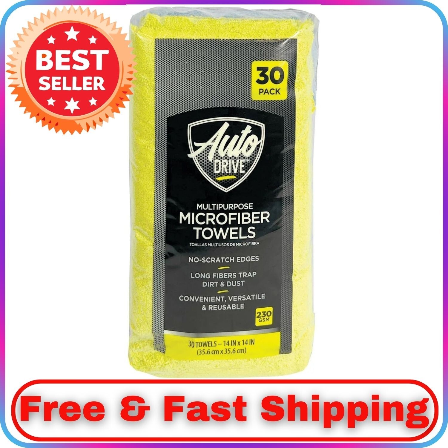 Auto Drive Multipurpose Microfiber Towels, 14" x 14", Multicolor, 30-Pack gallery