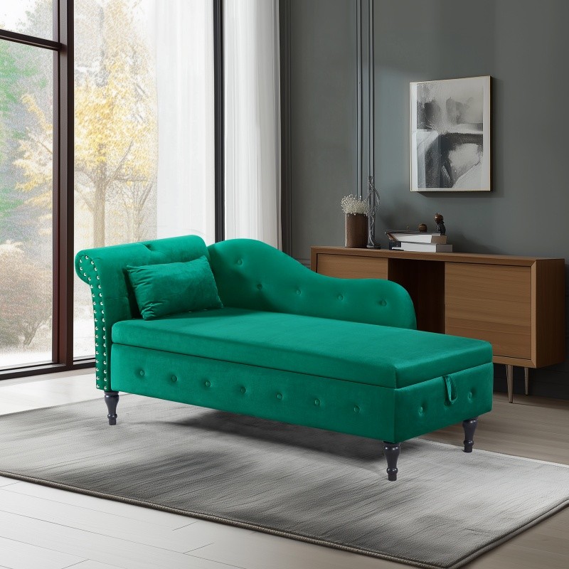 60" Velvet Storage Chaise Lounge Buttons Tufted Sleeper Sofa Chair Wood Legs gallery