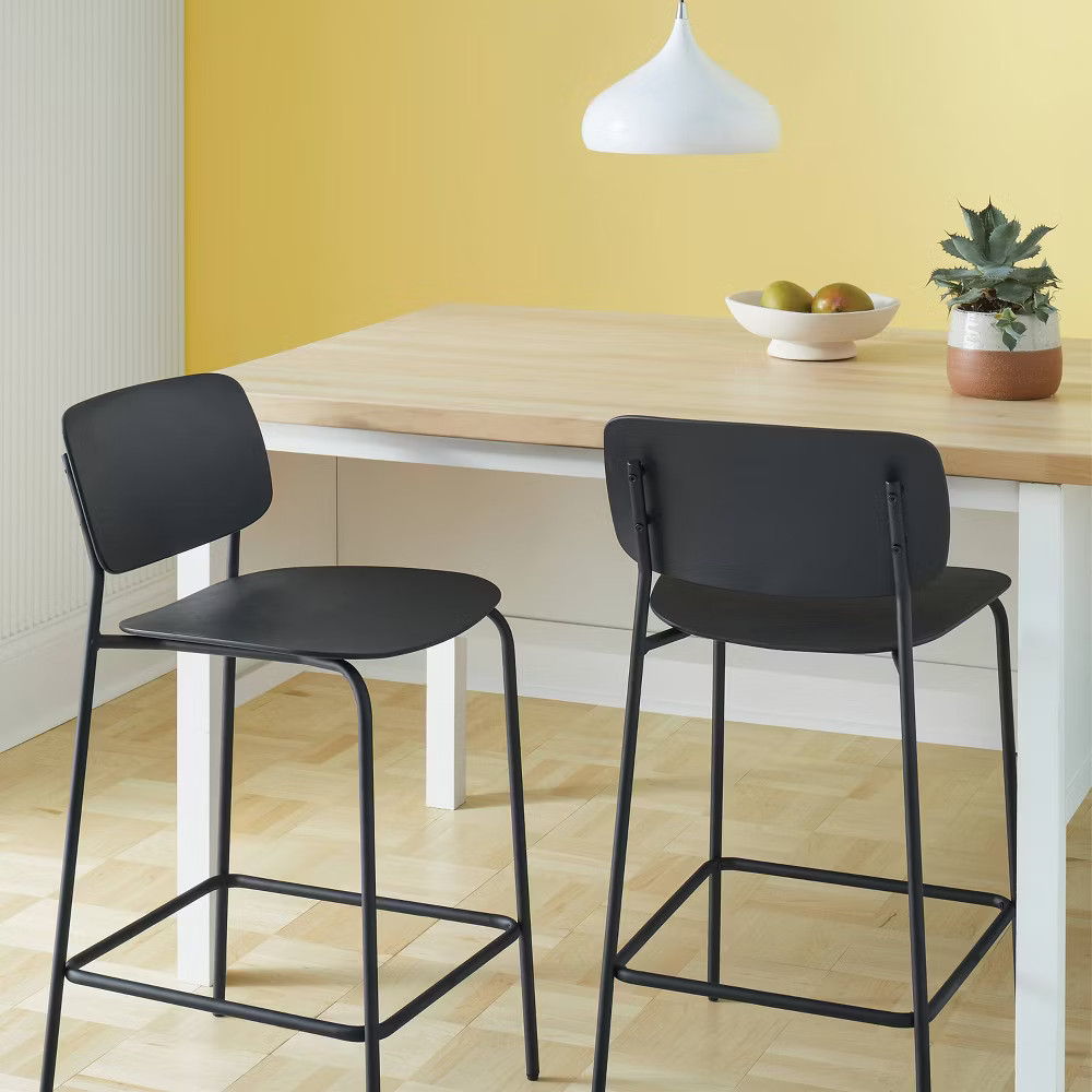 2pk 24" Molded Plastic with Metal Base Counter Height Barstool Black - gallery