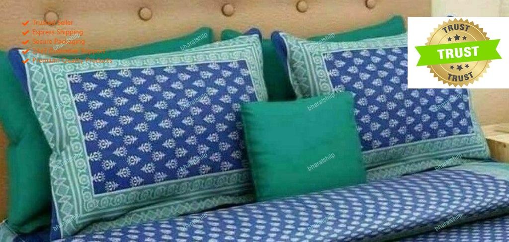 Screen Printed Blue 3 Kaam Buti Cotton Double BedSheet With 2 Pillow gallery
