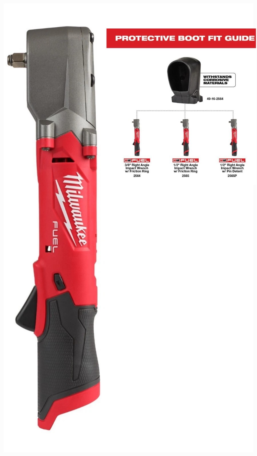 🔥Milwaukee 2564-20 M12 FUEL™ 3/8 Right Angle Impact Wrench w Friction Ring+Boot gallery