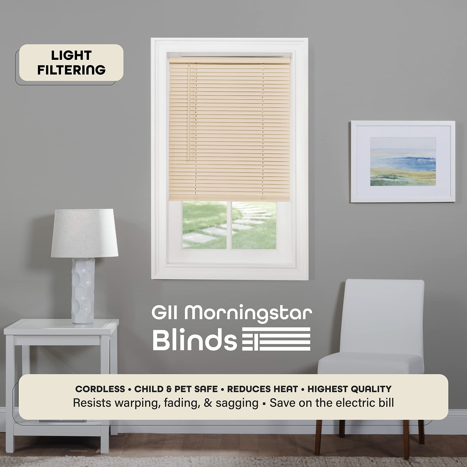 Filtering Light Mini Blind 35 W x 72 H Alabaster Morningstar Cordless Inch Width gallery